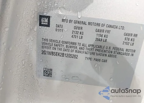 2011 Chevrolet Impala Lt z USA, uszkodzony, nr VIN 2G1WB5EK2B1205282